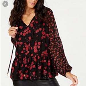 Michael Kors Black Red Floral Print Blouse